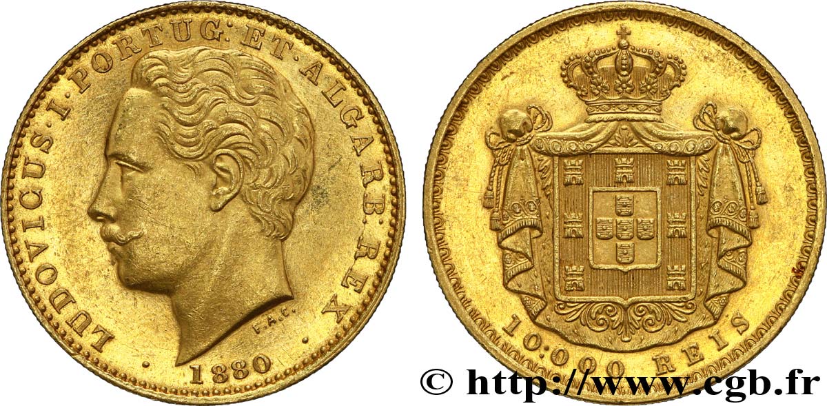 PORTOGALLO 10000 Reis ou couronne d or (Coroa) Louis Ier  / manteau d’armes 1880 Lisbonne SPL 