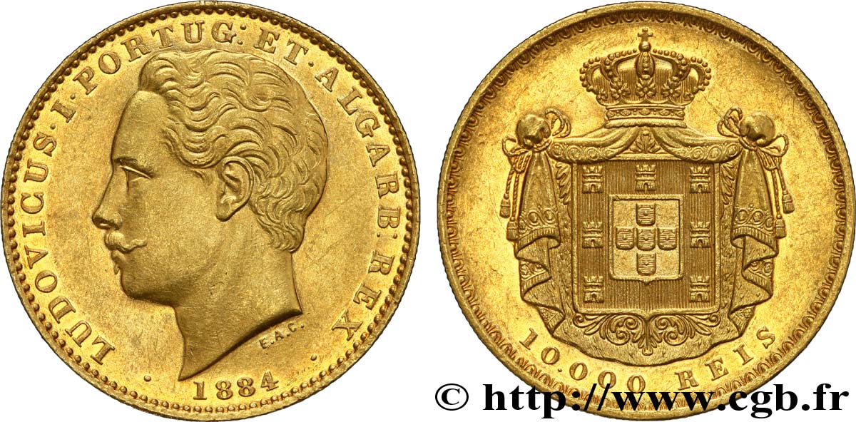 PORTUGAL 10000 Reis ou couronne d or (Coroa) Louis Ier  / manteau d’armes 1884 Lisbonne VZ 