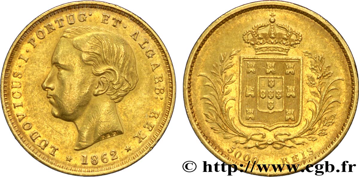 PORTUGAL 5000 Reis ou demi-couronne d or (Meia Coroa) Louis Ier  / manteau d’armes 1862  VZ 