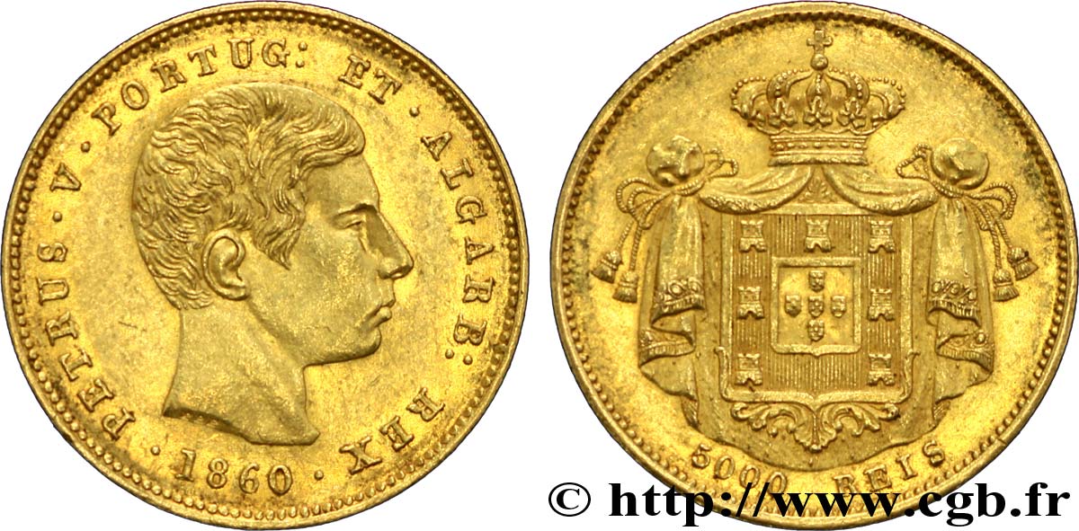 PORTUGAL 5000 Reis ou demi-couronne d or (Meia Coroa) Pierre V / manteau d’armes 1860  EBC 