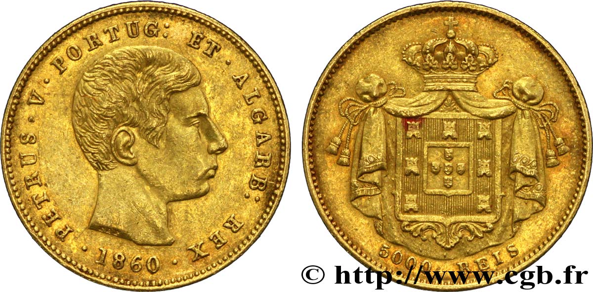 PORTUGAL 5000 Reis ou demi-couronne d or (Meia Coroa) Pierre V / manteau d’armes 1860  AU 