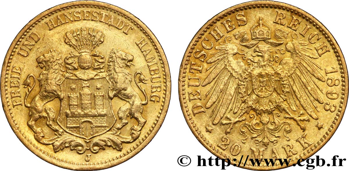 GERMANIA - LIBERA CITTA DE AMBURGO 20 Mark 1893 Hambourg SPL 