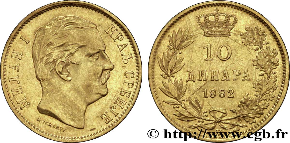 SERBIA 10 Dinara or  Royaume de Serbie : Milan IV Obrenovic 1882 Vienne - V XF 
