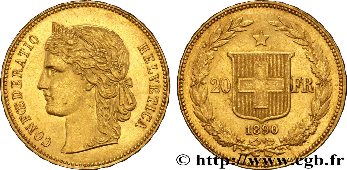 SVIZZERA  20 Francs or buste diadémé d Helvetia / croix suisse 1890 Berne - B MS 