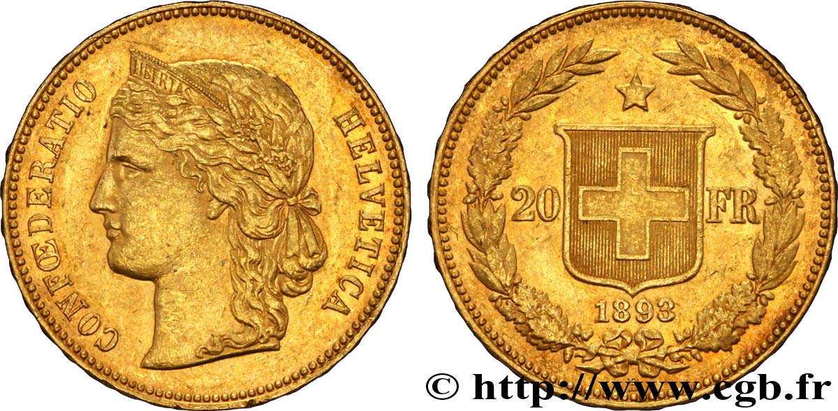 SWITZERLAND 20 Francs or buste diadémé d Helvetia / croix suisse 1893 Berne - B AU 