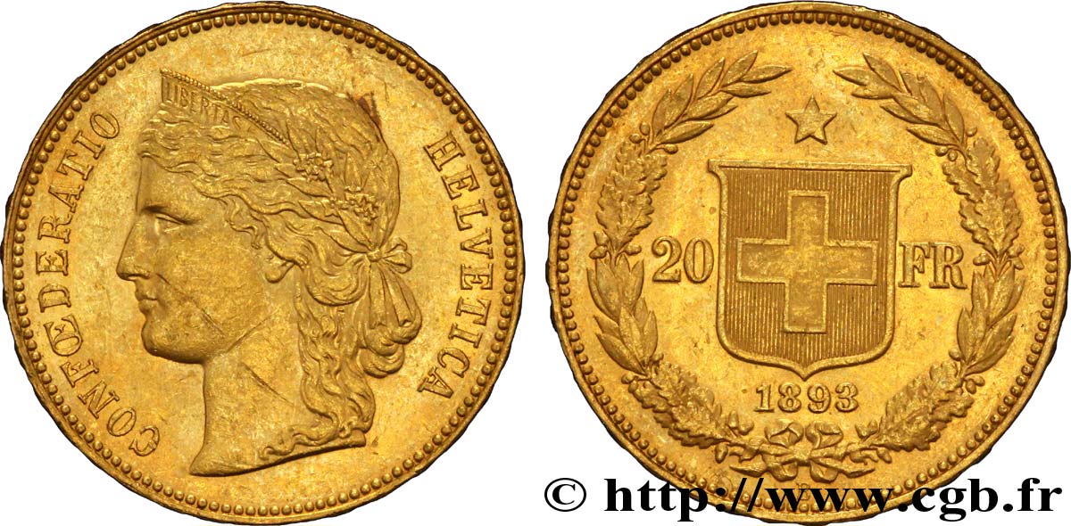 SWITZERLAND 20 Francs or buste diadémé d Helvetia / croix suisse 1893 Berne - B AU 