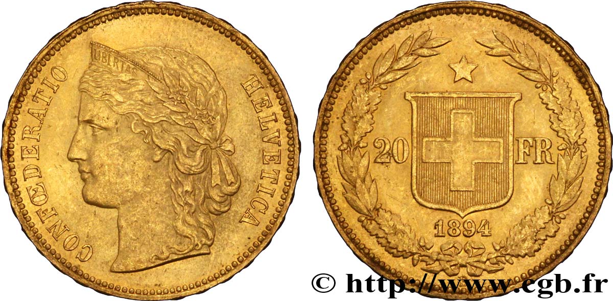 SUIZA 20 Francs or buste diadémé d Helvetia / croix suisse 1893 Berne - B SC 