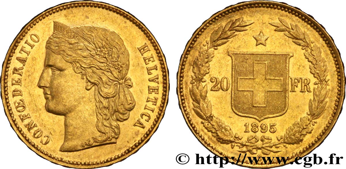 SCHWEIZ 20 Francs or buste diadémé d Helvetia 1895 Berne VZ 