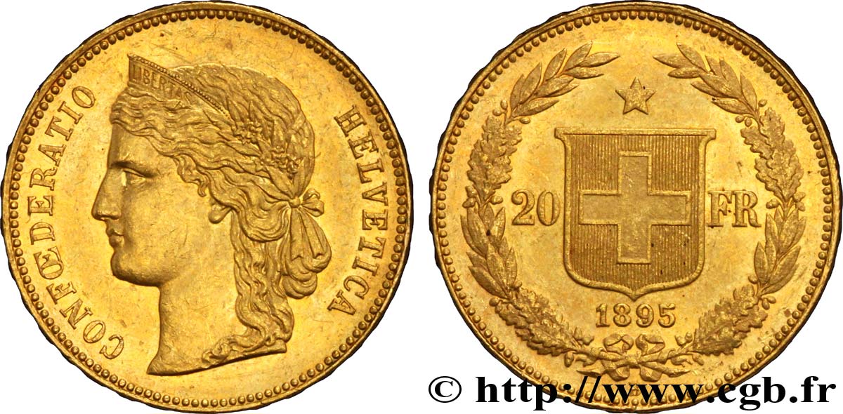 SWITZERLAND 20 Francs or buste diadémé d Helvetia 1895 Berne MS 