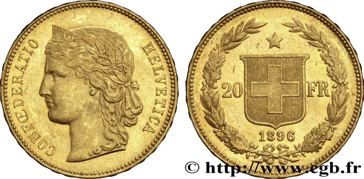 SWITZERLAND 20 Francs or Helvetia 1896 Berne MS 