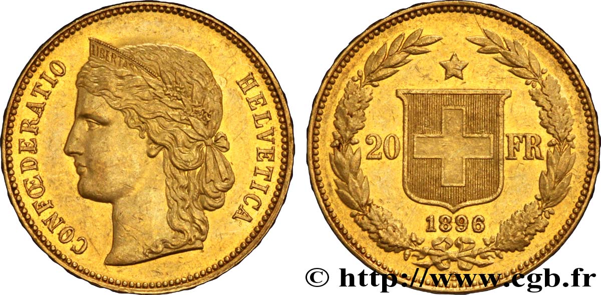 SCHWEIZ 20 Francs or Helvetia 1896 Berne VZ 