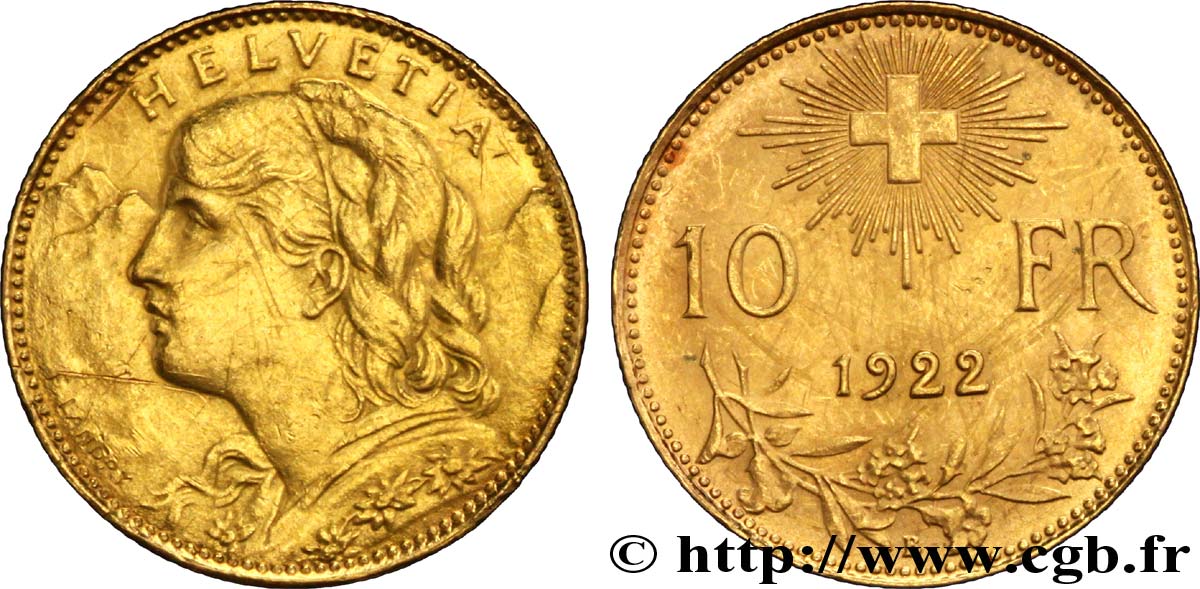SCHWEIZ 10 Francs or  Vreneli  1922 Berne SS 