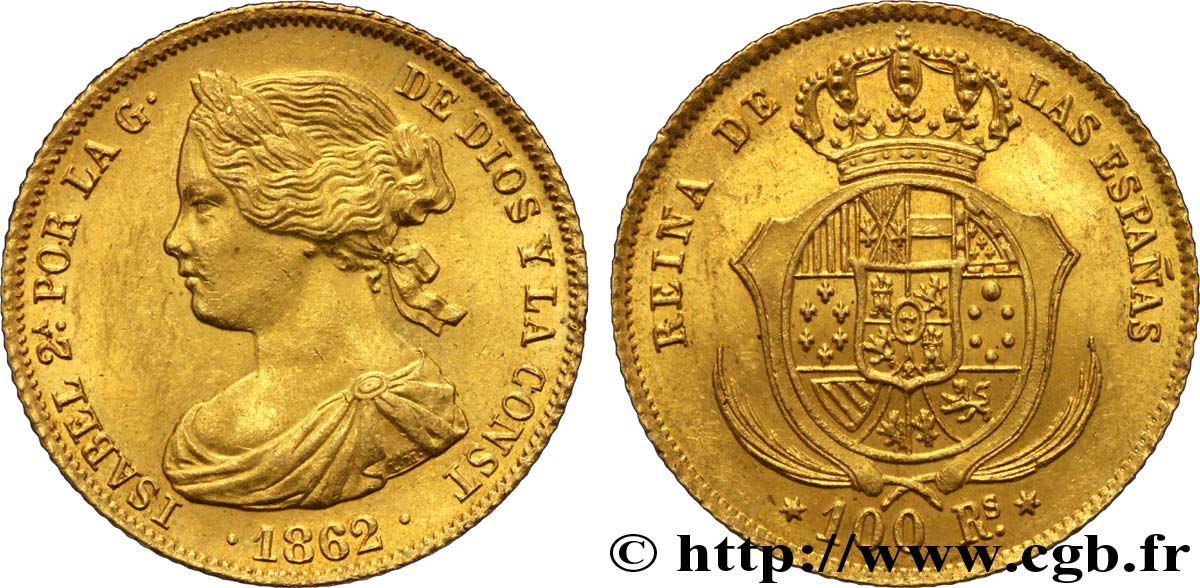 SPAIN 100 Reales Isabelle II / écu couronné 1862 Madrid MS60 