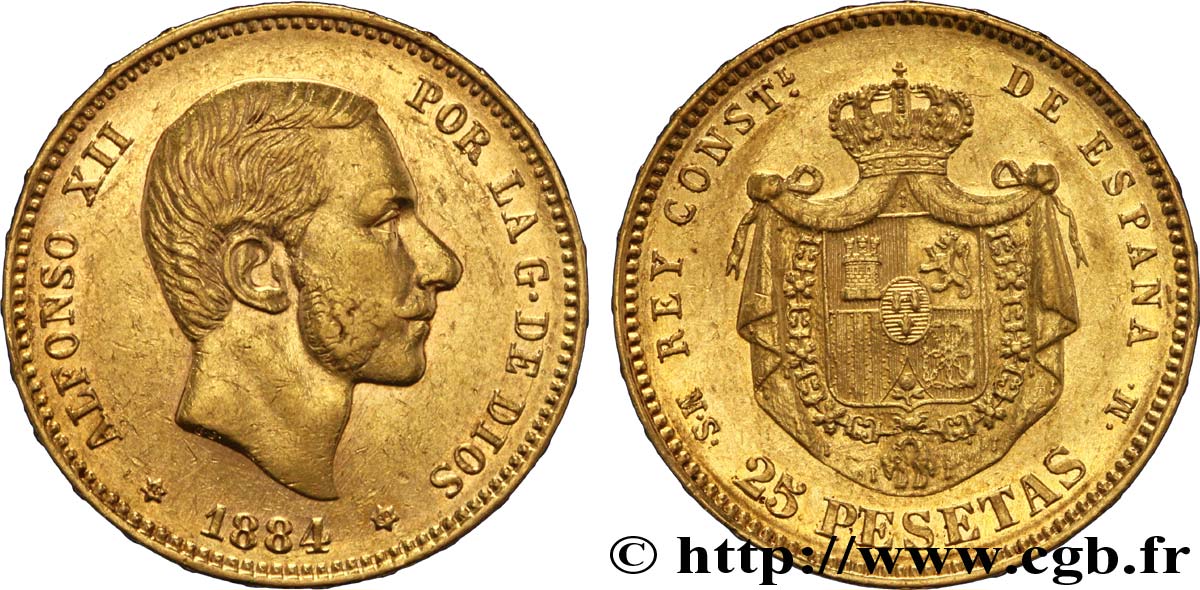 ESPAÑA 25 Pesetas Alphonse XII roi d’Espagne / manteau d’armes couronné 1884 Madrid EBC 