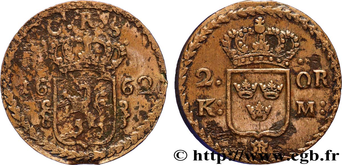 SUÈDE 2 Ore écu couronné frappe au nom du roi Charles IX de Suède 1662 Avesta TB+ 