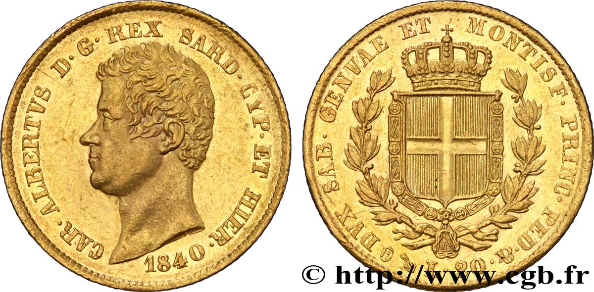 ITALY - KINGDOM OF SARDINIA 20 Lire Charles-Albert roi de Sardaigne 1840 Turin AU 
