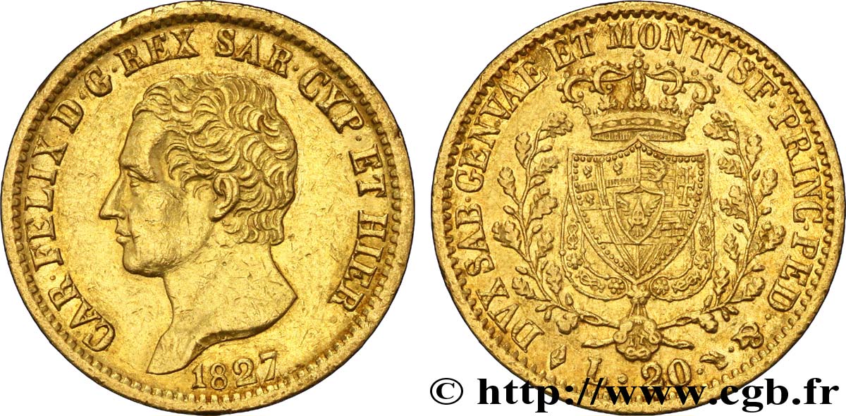 ITALY - KINGDOM OF SARDINIA 20 Lires or Charles Félix / emblème 1827 Turin AU 