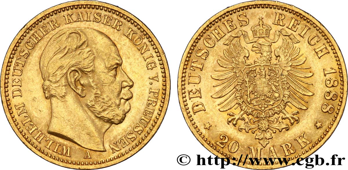 ALEMANIA - PRUSIA 20 Mark royaume de Prusse Guillaume Ier / aigle héraldique 1888 Berlin EBC 