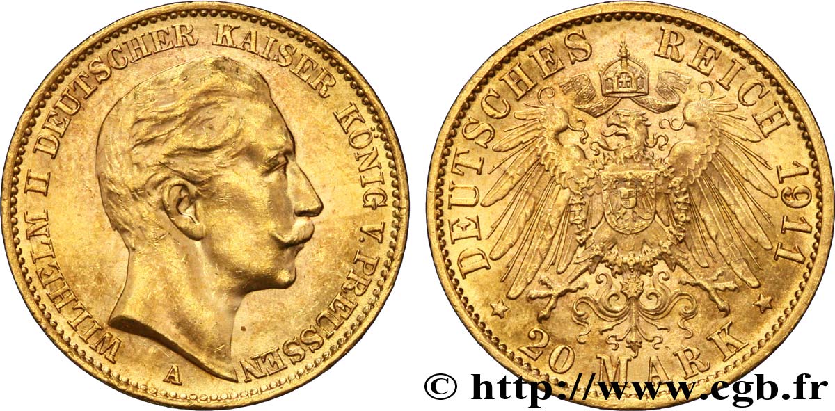 GERMANIA - PRUSSIA 20 Mark royaume de Prusse Guillaume II / aigle héraldique 1911 Berlin MS 
