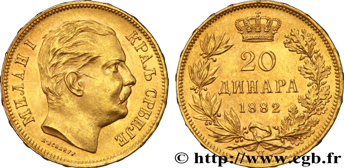 SERBIA 20 Dinara Milan IV Obrenovic 1882 Vienne SC 