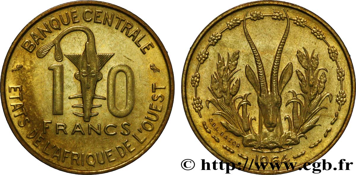 ÉTATS DE L AFRIQUE DE L OUEST (BCEAO) 10 Francs BCEAO masque / antilope 1964 Paris SPL 