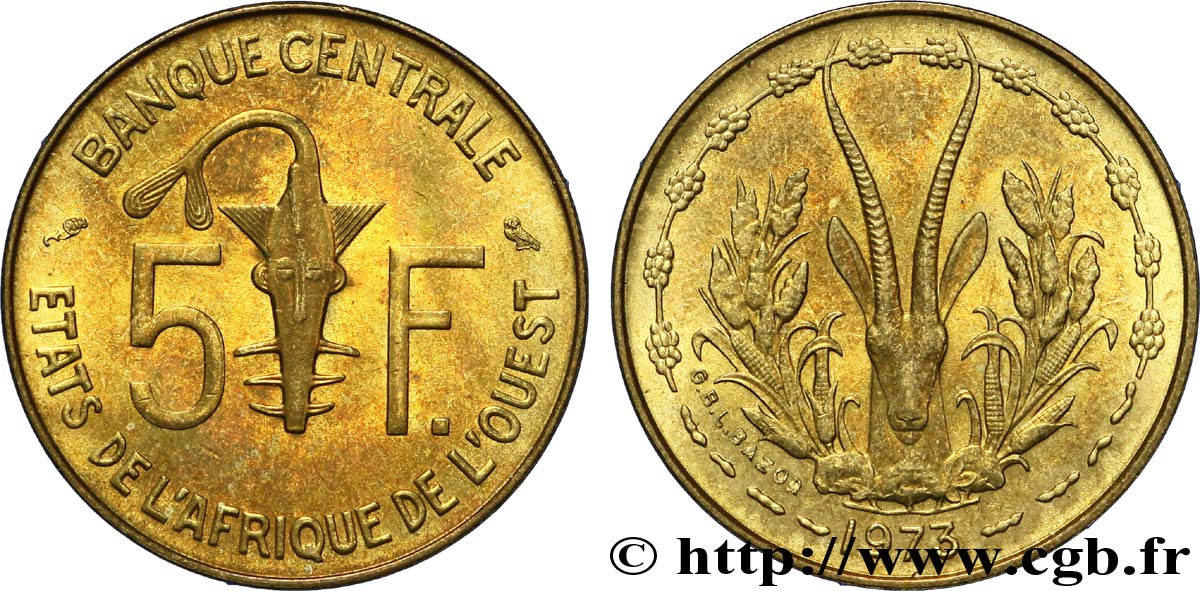 WESTAFRIKANISCHE LÄNDER 5 Francs BCEAO masque / antilope 1973 Paris fST 