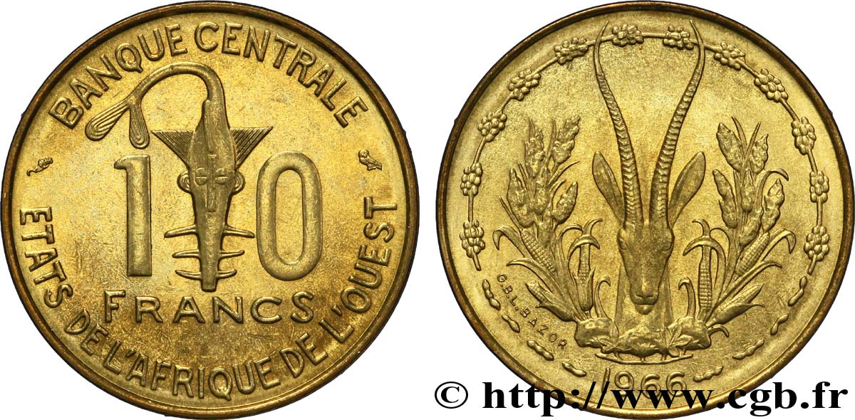 ÉTATS DE L AFRIQUE DE L OUEST (BCEAO) 10 Francs BCEAO masque / antilope 1966 Paris SPL 
