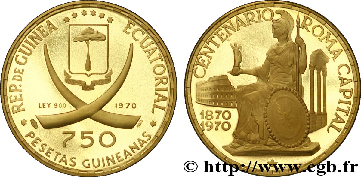 GUINEA ECUATORIAL 750 Pesetas centenaire de Rome capitale : écu, défenses d’éléphant croisées / Rome assise entre le Colisée et des colonnes 1970  SC 