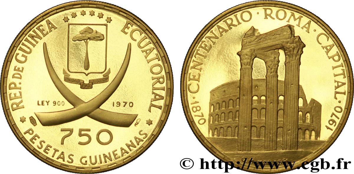 EQUATORIAL GUINEA 750 Pesetas centenaire de Rome capitale : écu, défenses d’éléphant croisées / le Colisée et des colonnes 1970  MS 