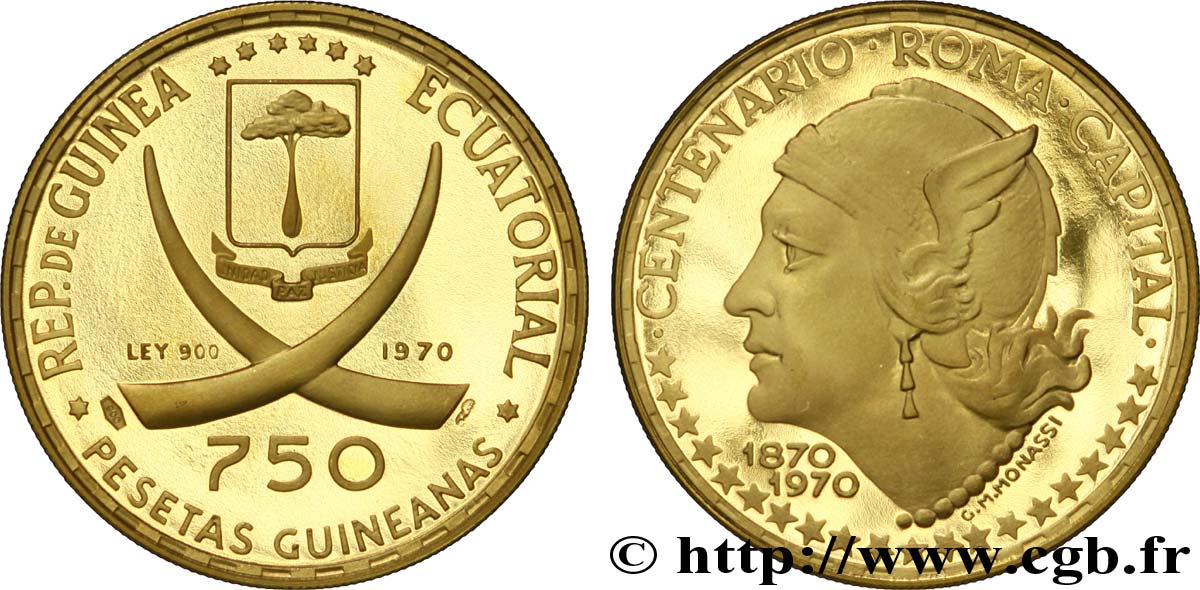 GUINEA ECUATORIAL 750 Pesetas centenaire de Rome capitale : écu, défenses d’éléphant croisées / Mercure 1970  SC 