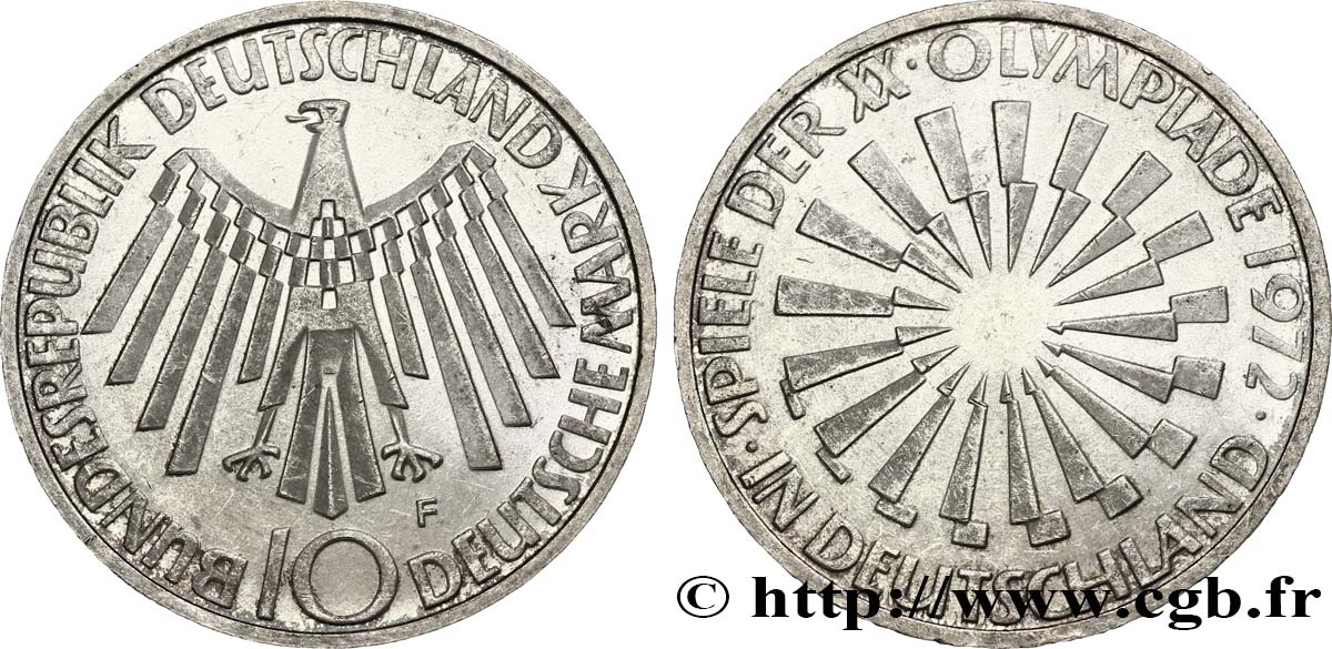 DEUTSCHLAND 10 Mark XXe J.O. Munich / aigle type “IN DEUTSCHLAND” 1972 Stuttgart VZ 
