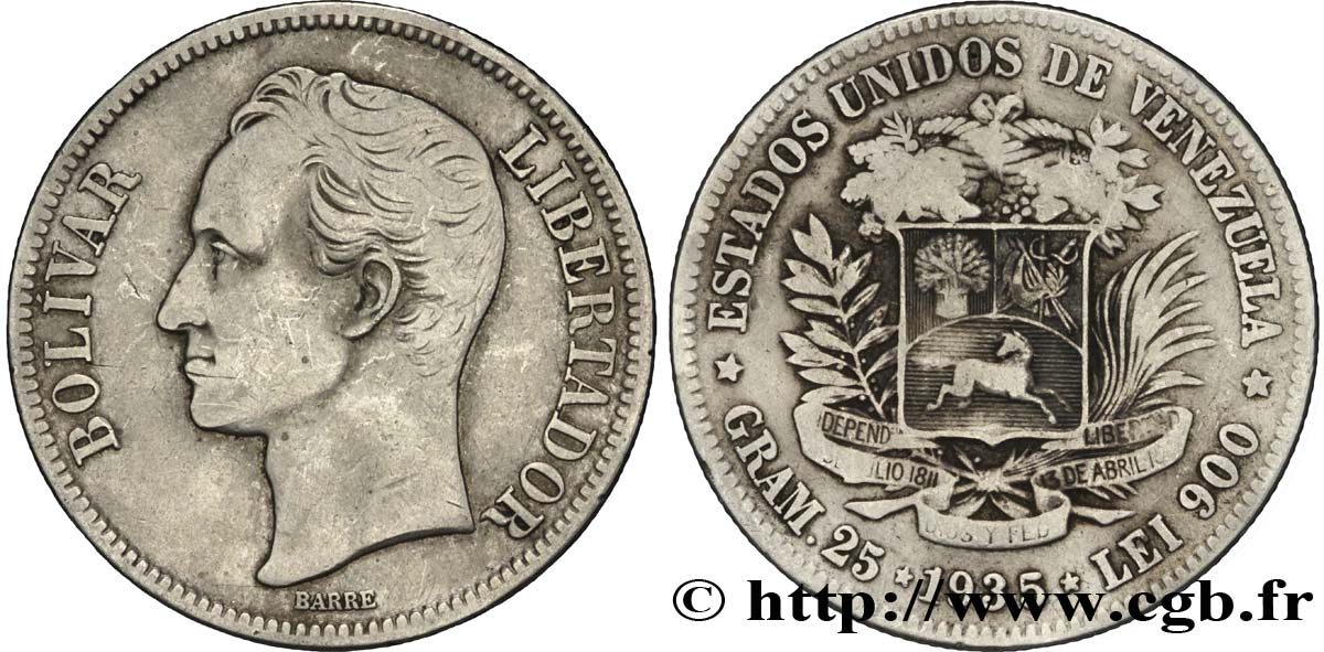 VENEZUELA 5 Bolivares Simon Bolivar 1935 Philadelphie BC+ 