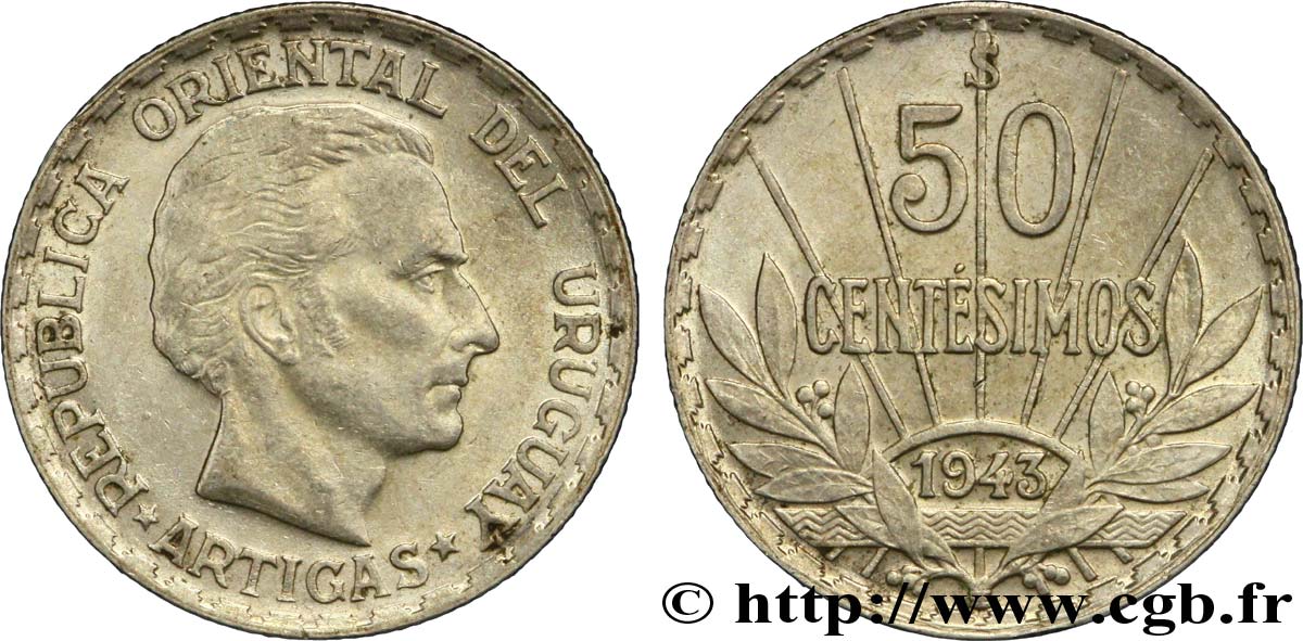 URUGUAY 50 Centimos José Gervasio Artigas 1943 Santiago - S° EBC 