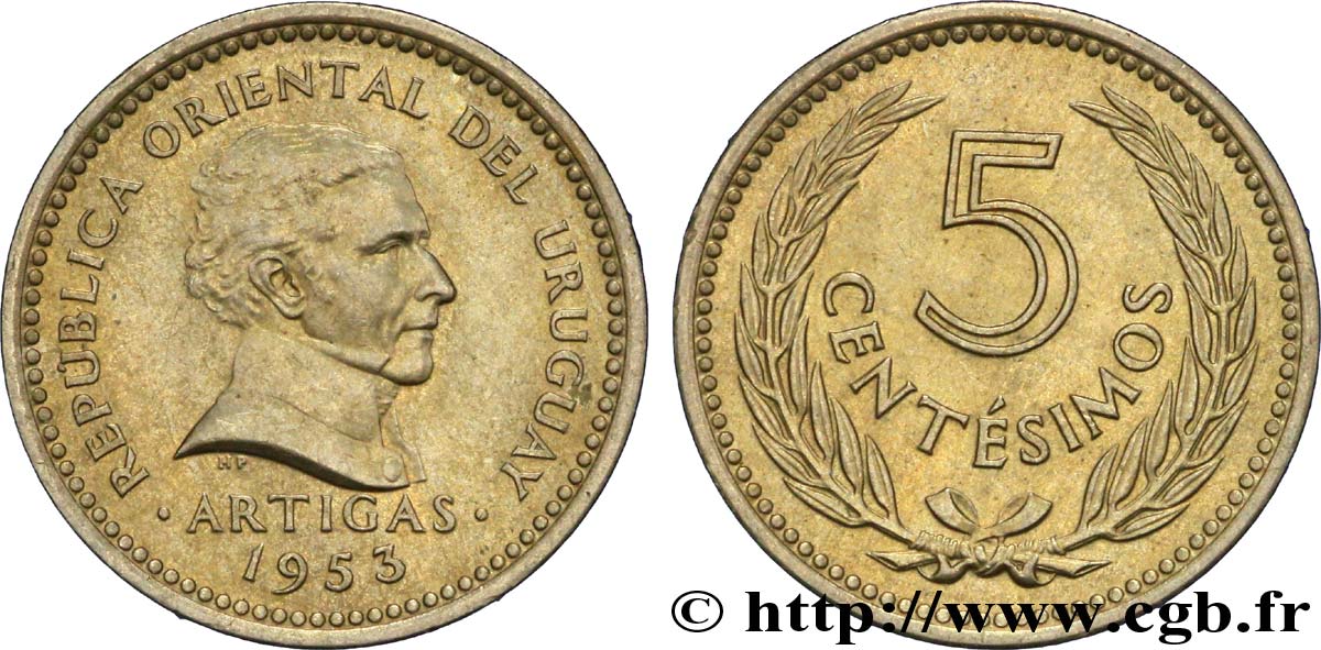 URUGUAY 5 Centesimos José Gervasio Artigas 1953  SC 