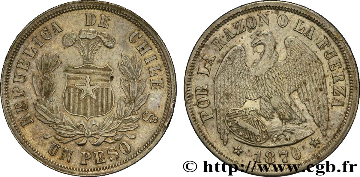 CHILE
 1 Peso emblème / condor surfrappe 70 sur 60 1870 Santiago - S° EBC 