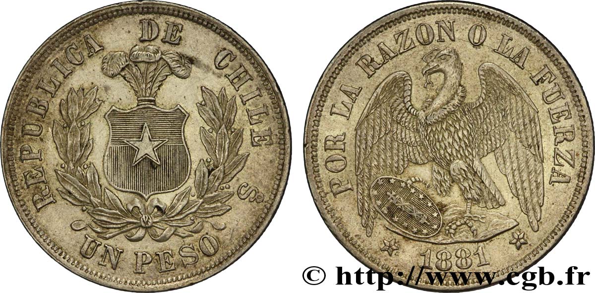 CHILE
 1 Peso emblème / condor 1881 Santiago - S° EBC 