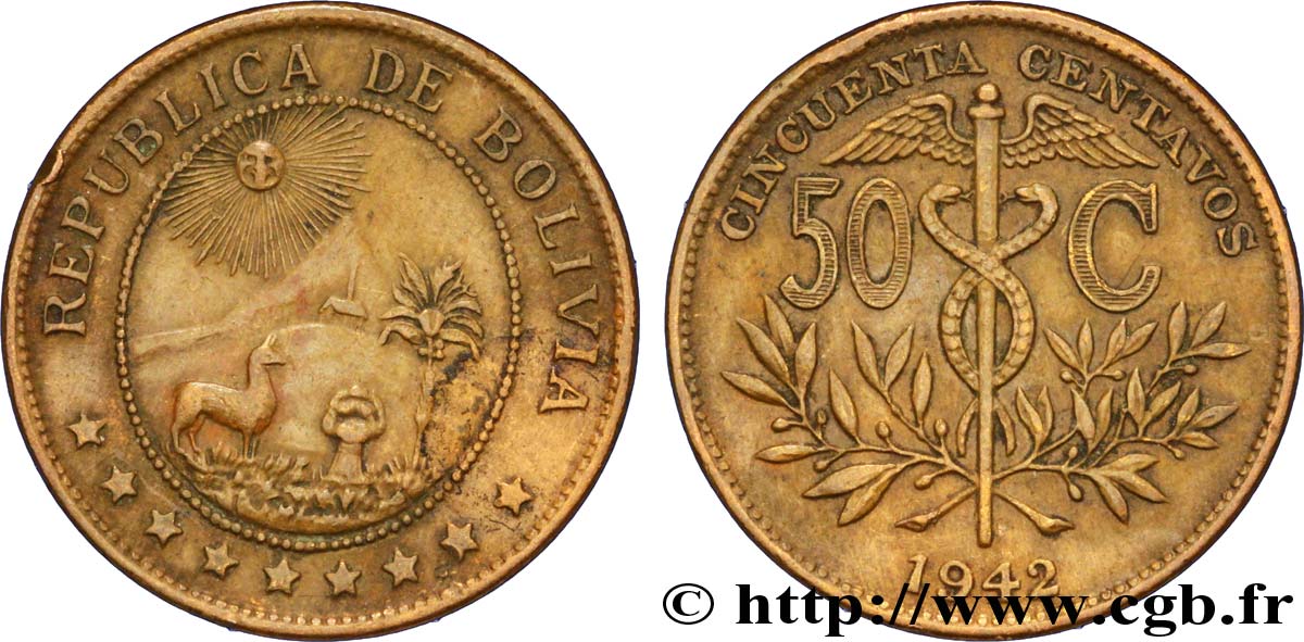 BOLIVIEN 50 Centavos emblème de la Bolivie 1942  VZ 