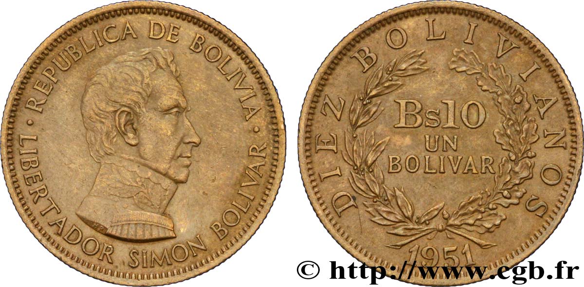BOLIVIA 10 Bolivianos (1 Bolivar) Simon Bolivar 1951  EBC 