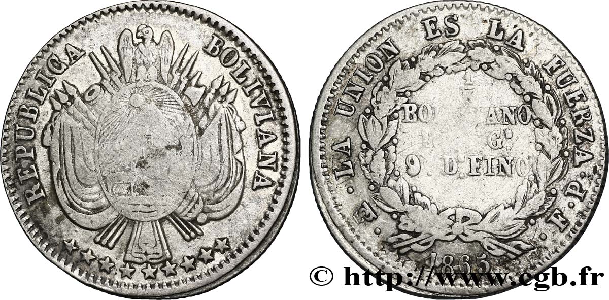 BOLIVIE 1/5 Boliviano emblème 1865 Potosi TB+ 
