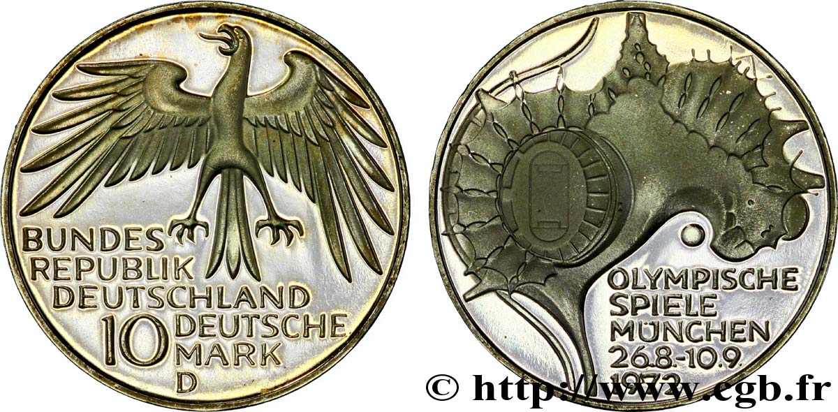 GERMANY 10 Mark BE (Proof) J.O de Munich 1972, vue aérienne du stade olympique 1972 Munich MS 