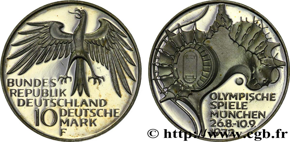 GERMANY 10 Mark BE (Proof) J.O de Munich 1972, vue aérienne du stade olympique 1972 Stuttgart - F MS 