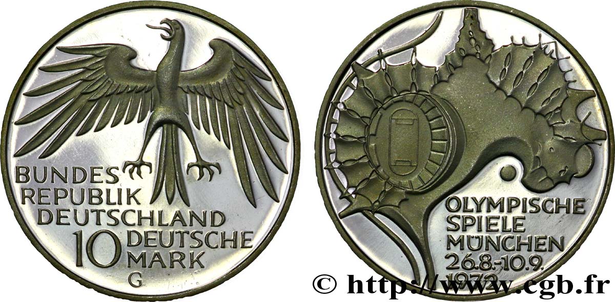 GERMANY 10 Mark BE (Proof) J.O de Munich 1972, vue aérienne du stade olympique 1972 Karlsruhe - G MS 