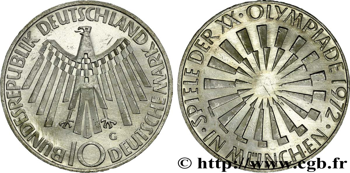 DEUTSCHLAND 10 Mark XXe J.O. Munich / aigle “IN MÜNCHEN” 1972 Karlsruhe - G fST 