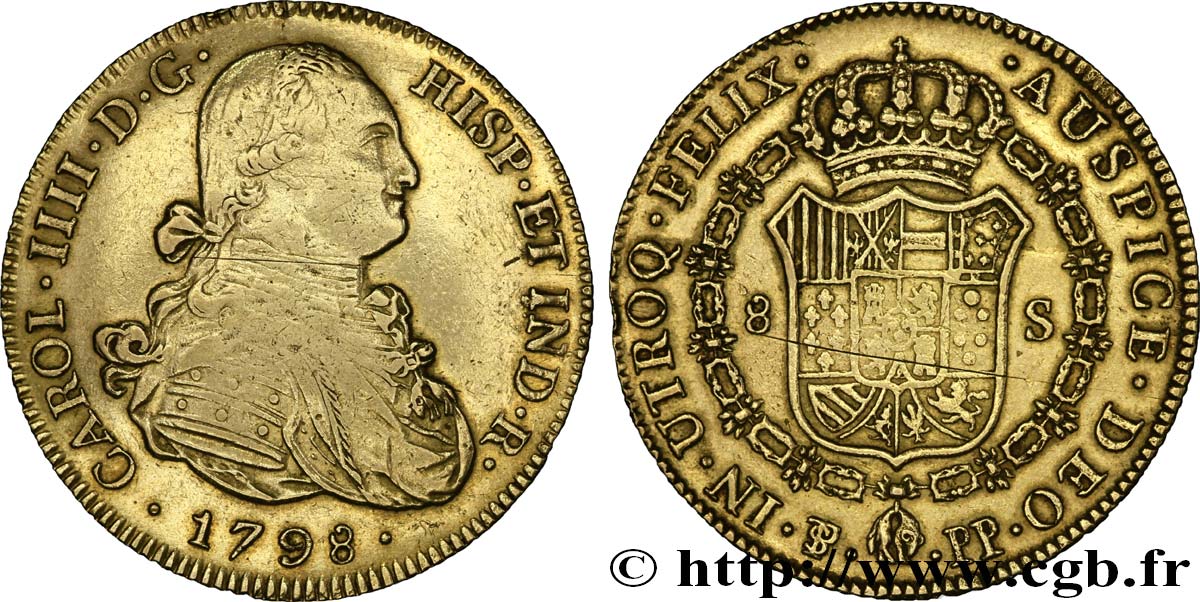 BOLIVIEN 8 Escudos or Charles IIII d’Espagne / écu couronné 1798 Potosi fSS/SS 