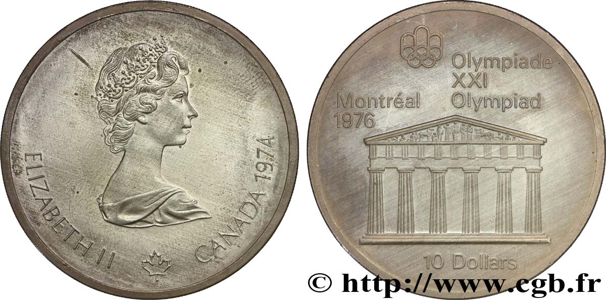 CANADA 10 Dollars JO Montréal 1976 tête de Zeus / Elisabeth II 1974  AU 