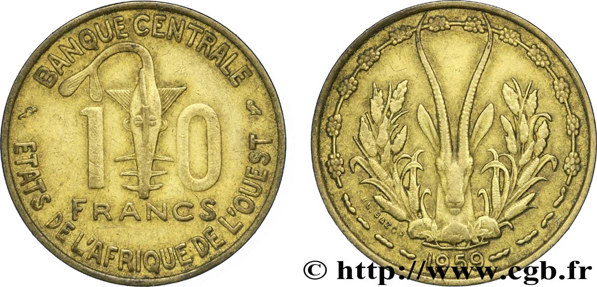 WESTAFRIKANISCHE LÄNDER 10 Francs BCEAO masque / antilope 1959 Paris fSS 
