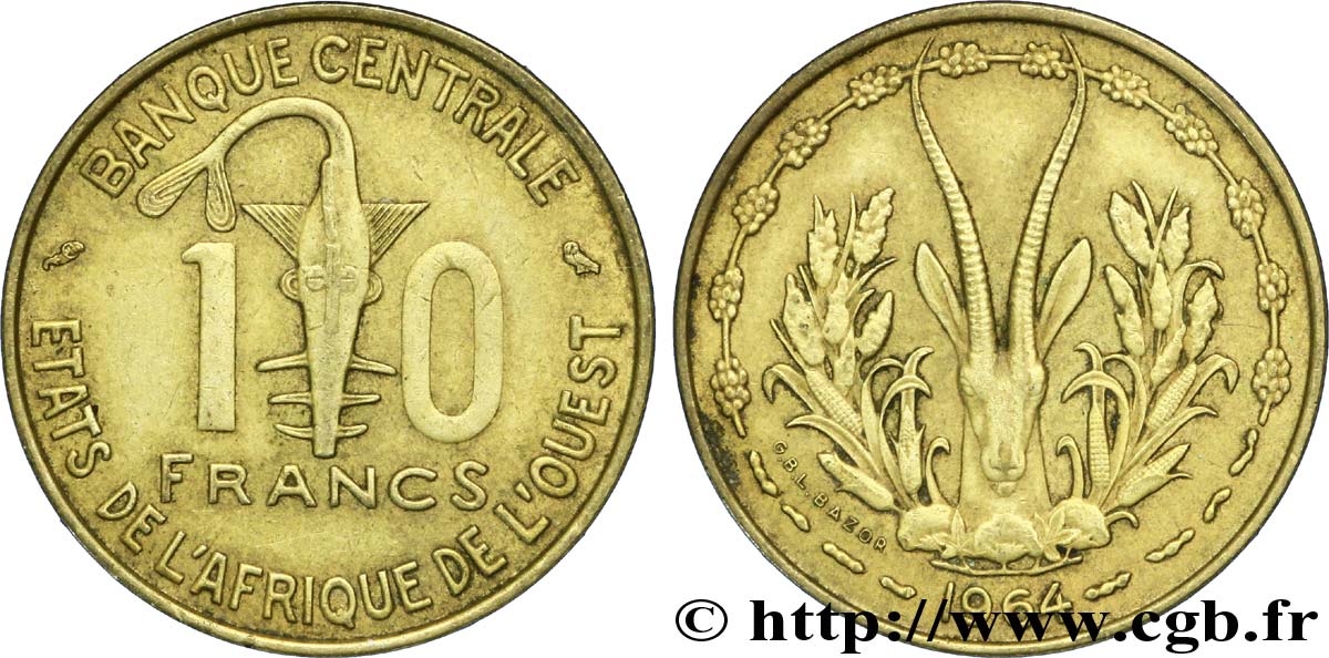 WESTAFRIKANISCHE LÄNDER 10 Francs BCEAO masque / antilope 1964 Paris fSS 