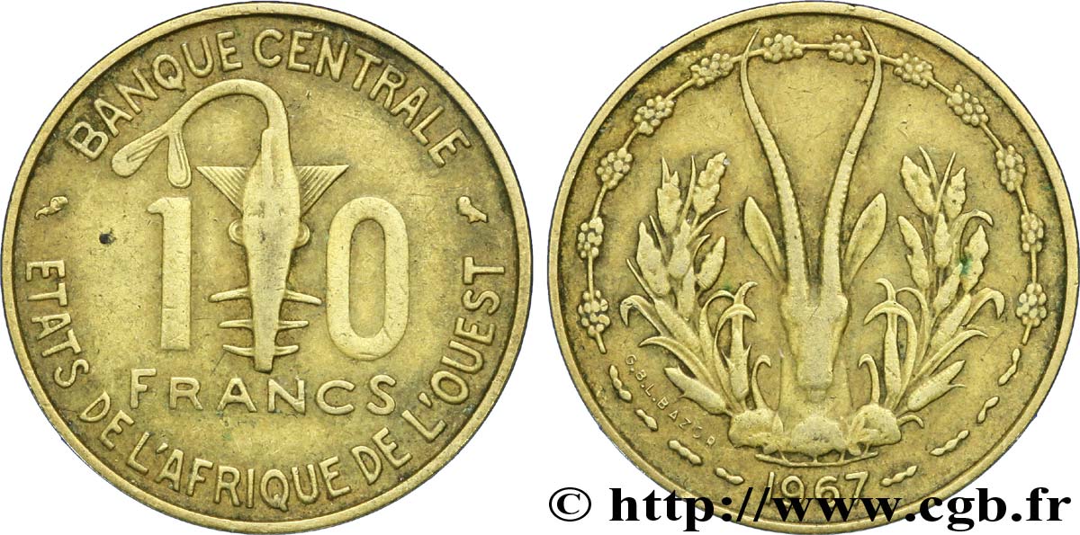 ÉTATS DE L AFRIQUE DE L OUEST (BCEAO) 10 Francs BCEAO masque / antilope 1967 Paris TB+ 