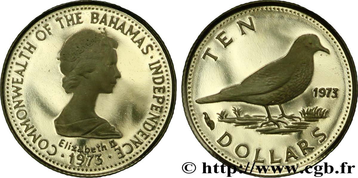 BAHAMAS 10 Dollars or Elisabeth II / Colombe à queue noire 1973  MS64 