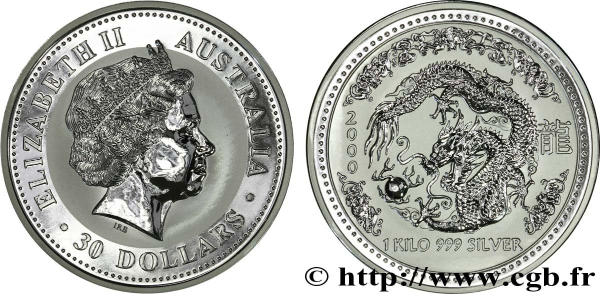 AUSTRALIEN 30 Dollars BE (Proof) année du dragon : Elisabeth II / dragon 2000 Perth ST 